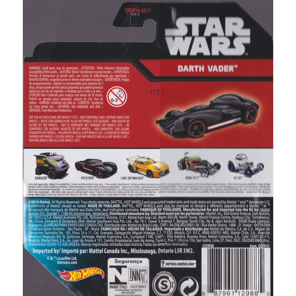 HOT WHEELS - STAR WARS CHARACTER CAR DARTH VADER single vehicle package  CGW36-0517