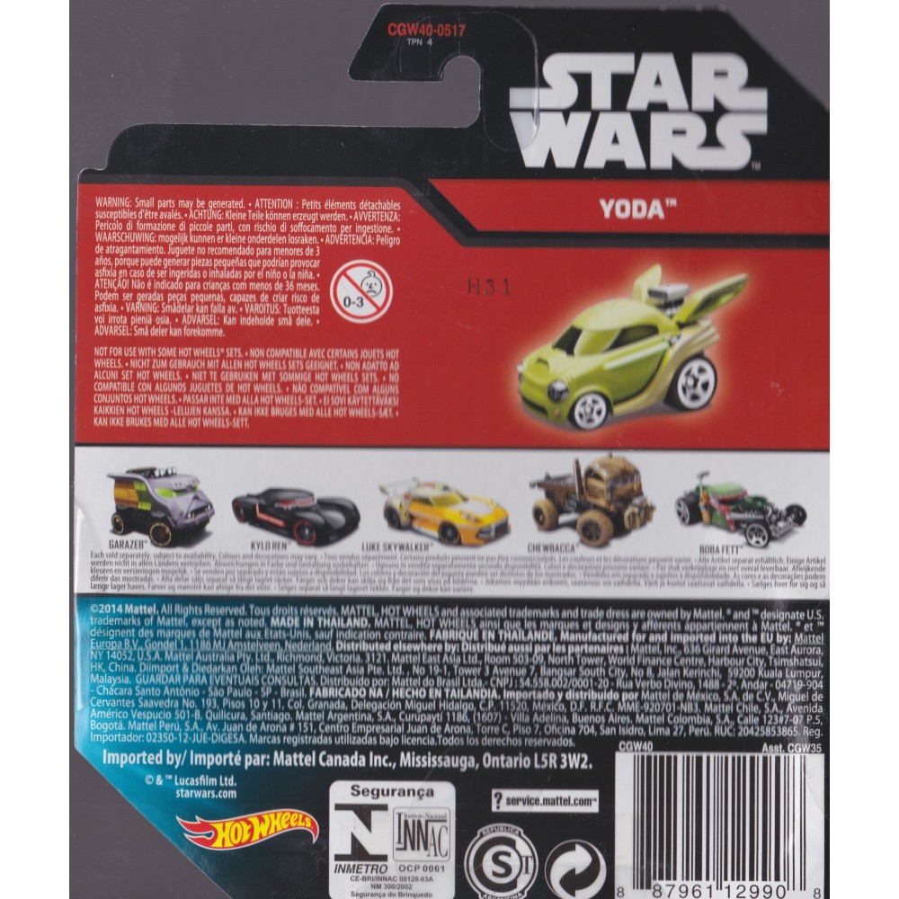 HOT WHEELS - STAR WARS CHARACTER CAR YODA single vehicle package CGW40-0517